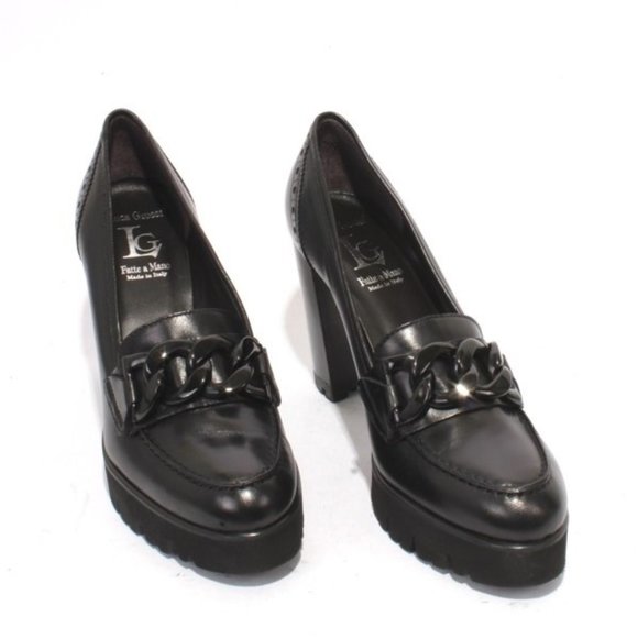 Luca Grossi 915 Italian Black Leather Platform Heel Shoes Loafers Pumps - Picture 2 of 8